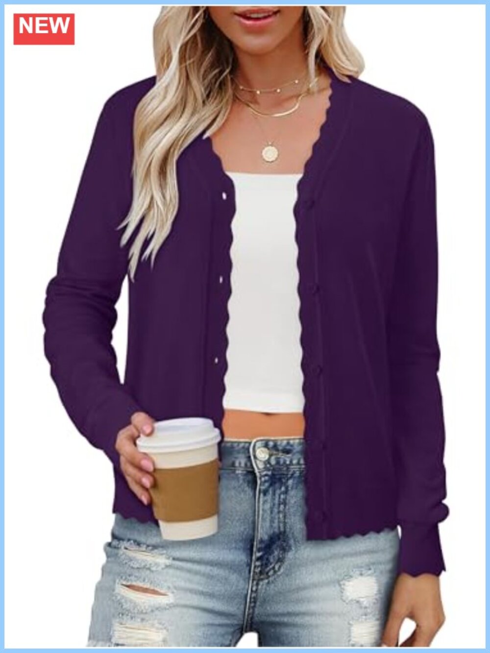 Lightweight V-Neck Button Cardigan Ribbed Wave Edge Slim Fit